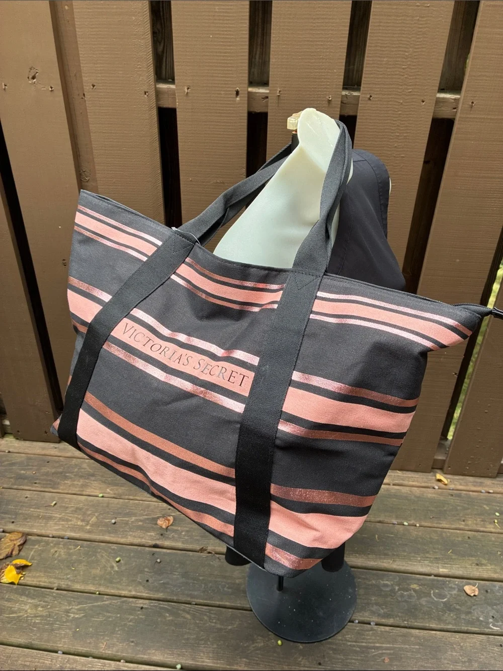 NWT Victoria's Secret Black & Pink Striped Tote Bag